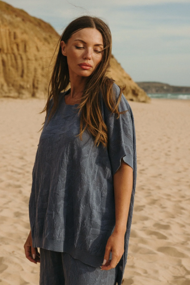 Talamaya - Paradis Jacquard Short Sleeve Pullover - Ocean