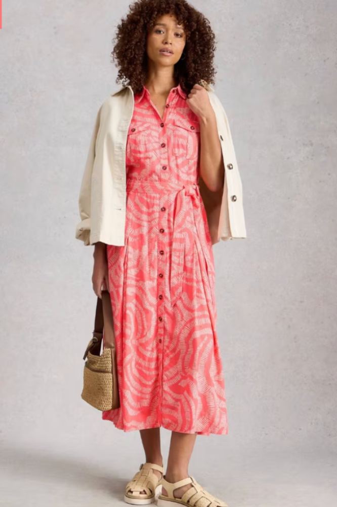 White Stuff Tiff Linen Blend Shirt Dress Coral Multi