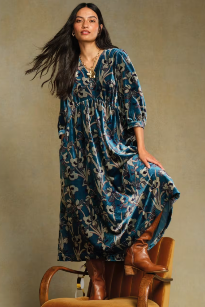 White Stuff Lucy Velvet Dress - Blue Multi.png